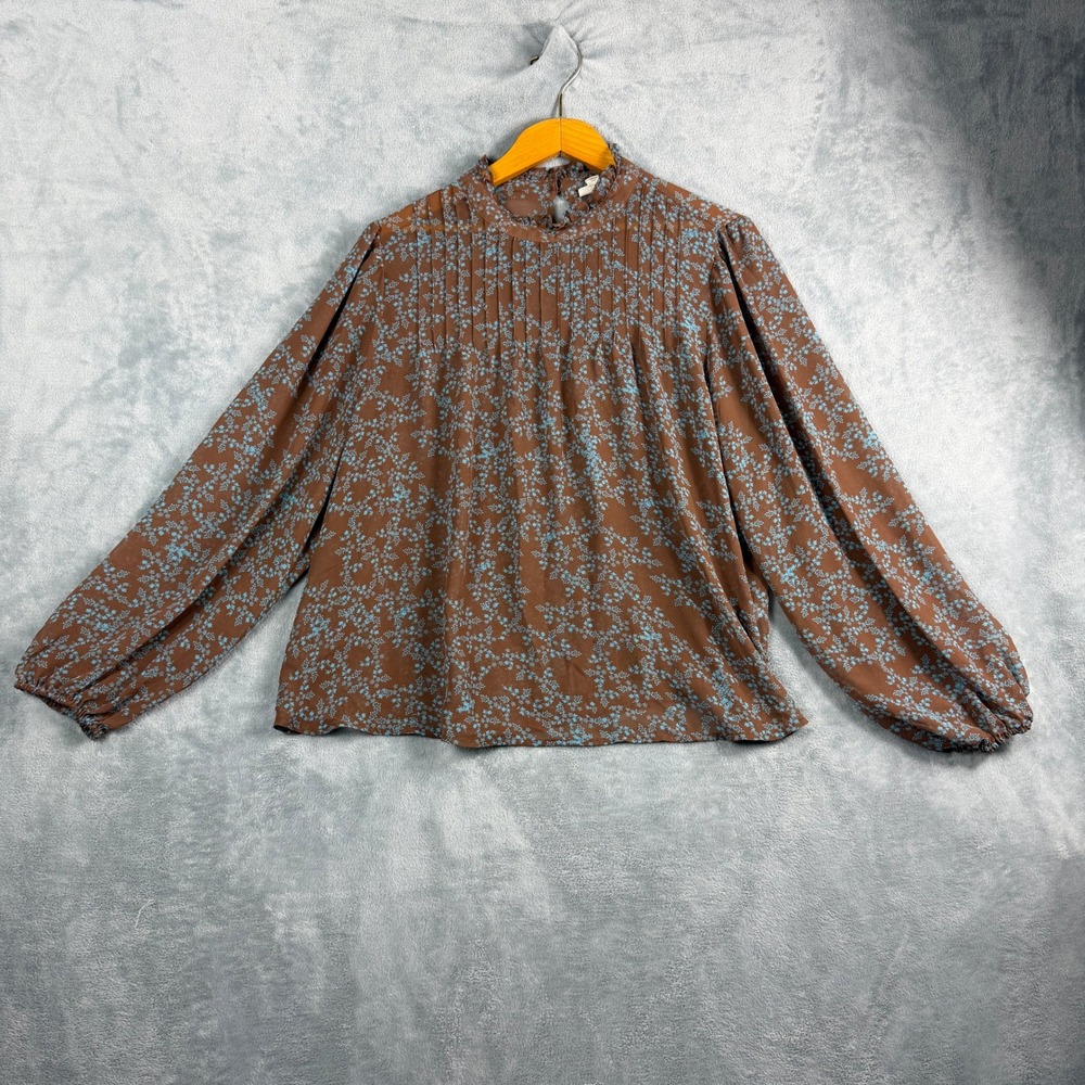 a.n.a Womens 2X Brown Blue Floral Blouse Mock Neck Pleated Balloon Sleeve Boho